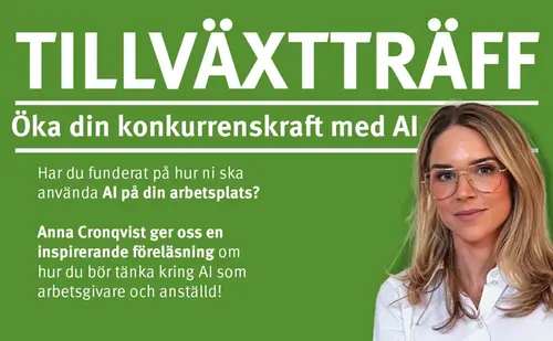 Bild på en man som håller i en mobiltelefon där det står text i grönt, orange och svart på vit bakgrund. 